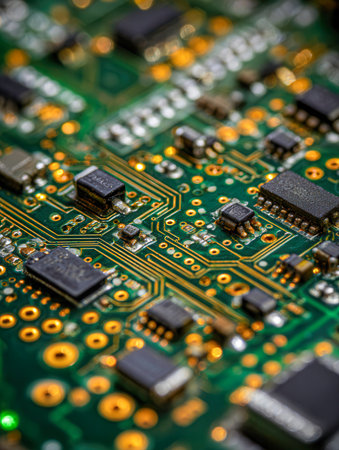 A close-up of a vibrant green circuit board showing tiny chips, shimmering gold connectors, and complex pathways essential for modern electronic devices.の写真素材