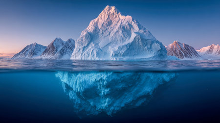 An imposing ice formation rises from icy waters, with jagged peaks beneath and glistening...