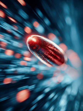 A sleek crimson metal capsule navigates a high-tech cosmic realm, surrounded by shimmering lights and energetic particles in electric blue and fiery orange hues.の写真素材