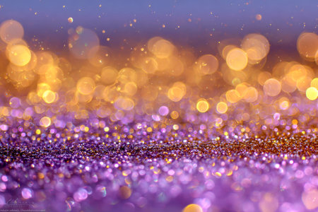 A dazzling swirl of gold and violet shimmer intertwined with soft bokeh glows, crafting an enchanting, lively backdrop perfect for festive and artistic projects.の写真素材