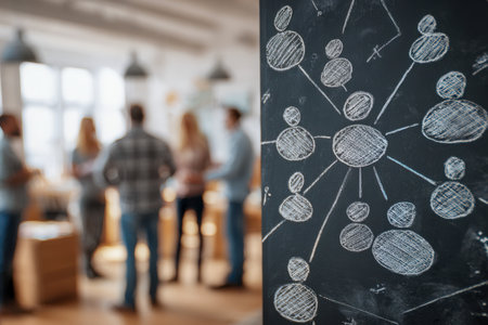 A vibrant chalkboard showcases a detailed business network map, while a dynamic team collaborates in an energetic, open-concept office behind an inspiring workspace.の写真素材