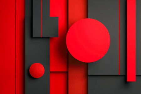 A striking interplay of vivid crimson and deep charcoal forms, layered with shadows and sharp lines, creating an energetic and contemporary visual harmony.の写真素材