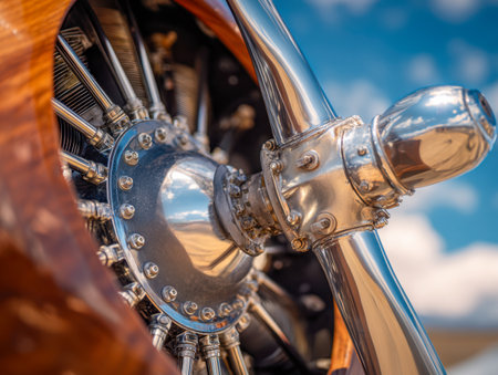 Close-up of a gleaming antique aircraft engine and blade assembly, capturing intricate metal textures and reflections beneath a vibrant sunlit sky.の写真素材