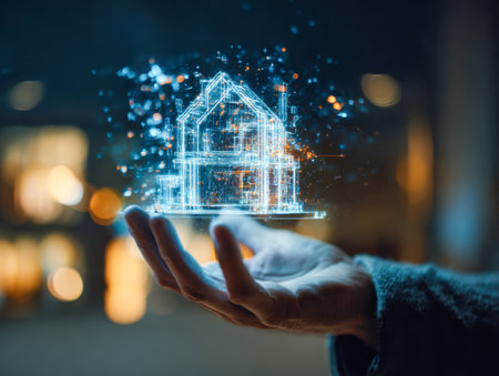 A human hand cradles a luminous, high-tech house projection, surrounded by dynamic light streaks and drifting particles, set against a moody, nighttime backdrop.の写真素材