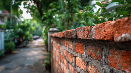 A vibrant sunlit walkway bordered by verdant trees and foliage, with a charming brick wall adding rustic character to a tranquil suburban setting.の写真素材