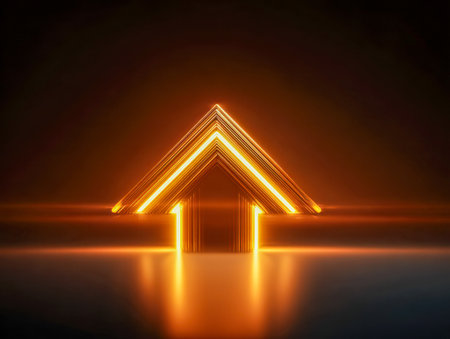 A sleek, luminous arrow ascends dynamically with shimmering golden neon accents, reflecting on a dark backdrop to evoke innovation, advancement, and success.の写真素材