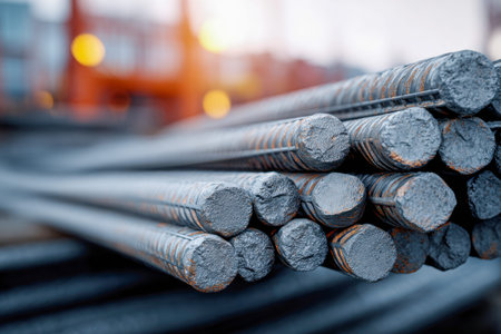 Twisted steel rebars with rugged textures and aged patina, arranged in neat piles under warmth from...