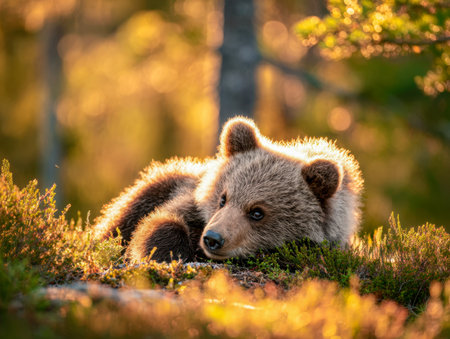 A gentle young bear nestles peacefully amid lush moss, basking in soft golden rays amidst vibrant autumn hues in a tranquil woodland scene.の写真素材
