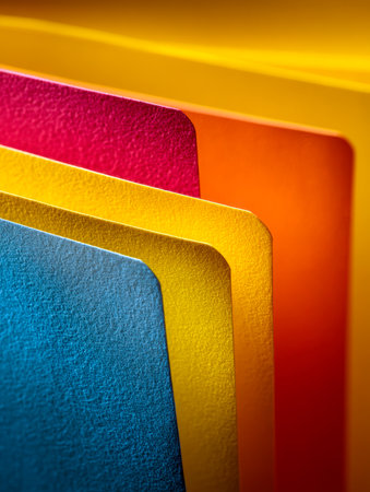 An eye-catching collection of vivid, textured folders layered in a dynamic overlapping design, featuring lively hues of blue, yellow, red, and orange with sleek rounの写真素材