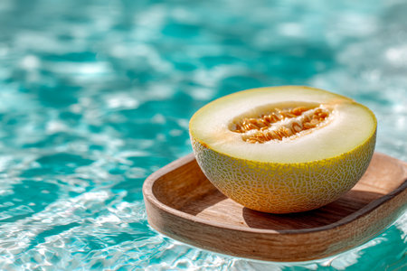 A juicy melon half with vibrant seeds rests on a rustic wooden tray, gently drifting on sparkling blue waters, embodying a cool, breezy summer atmosphere.の写真素材