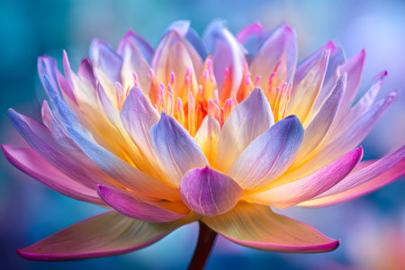 A stunning lotus blossom unfurls its gentle pink and golden petals, radiating subtle luminance amid a serene, sky-hued backdrop showing nature's fragile elegance.の写真素材