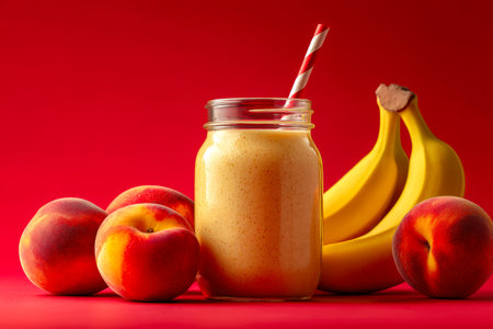Bright, refreshing blend of peach and banana in a charming glass jar with a striped straw, encircled by fresh fruits under a bold red backdrop, perfect for health enの写真素材