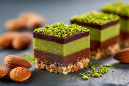 Smooth, multi-layered pistachio and chocolate confections sit atop a crunchy nutty crust, garnished with crushed pistachios and encircled by whole almonds on a dark slateの写真素材