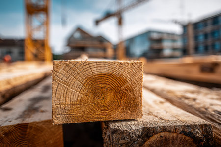 Close-up of newly cut timber revealing grain intricate patterns and concentric growth rings, set...