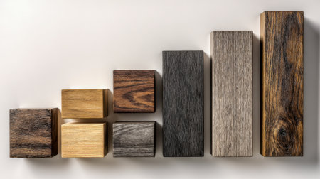An organized cluster of wooden prisms in diverse hues and sizes highlights natural grain patterns and artisanal textures, embodying sleek minimalism and craftsmanship.の写真素材