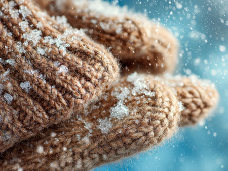 Warm, fuzzy mittens adorned with delicate snowflakes rest peacefully amid a light snowfall, set against a soothing, icy blue wintry scene with inviting, textured accの写真素材