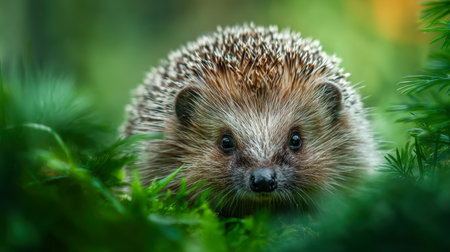 A charming hedgehog with attentive eyes, partially concealed among vibrant leaves and moss, its spiky silhouette seamlessly merging with the lively forest at dawn.の写真素材