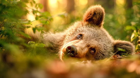 A gentle young brown bear pauses amidst vibrant foliage, basking in golden sunlight that creates a serene, inviting atmosphere in its tranquil woodland home.の写真素材