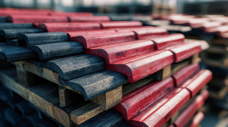 Rows of vibrant red and sleek black ceramic roofing tiles are meticulously stacked on sturdy wooden pallets, awaiting installation in an open-air warehouse setting.の写真素材