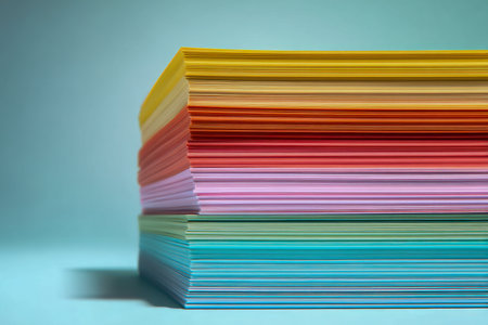Vibrant multicolored paper sheets are precisely layered horizontally, creating a striking contrast against a gentle blue backdrop, illuminated with consistent, crispの写真素材