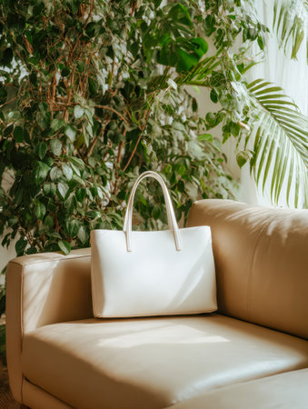 A chic white leather tote rests on a sleek beige sofa, amid vibrant greenery and gentle sunlight softly streaming through sheer curtains, exuding calm sophisticationの写真素材