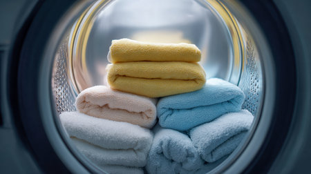 Vibrant, plush towels are carefully folded and arranged inside a washing machine drum, evoking fresh laundry preparation or tidy household organization.の写真素材