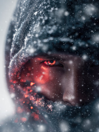 An enigmatic figure emerges from a snowy landscape, their piercing crimson gaze contrasting sharply with flickering embers and cold winter shadows, evoking a powerfuの写真素材