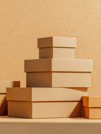 A neat arrangement of open and closed beige boxes in different dimensions, perfect for inspiring minimalist packaging and versatile storage solutions.の写真素材