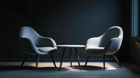 Stylish gray lounge chairs sit opposite each other, separated by a sleek round table, basking in soft natural light within a stark, minimalist space.の写真素材
