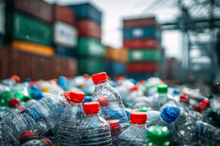 An overflowing heap of plastic bottles topped with vibrant caps against a backdrop of shipping containers highlights global waste accumulation and the pressing need for sの写真素材
