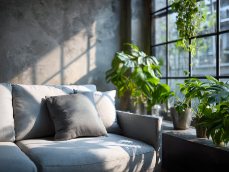 A welcoming, contemporary space featuring a plush gray sofa adorned with cozy cushions, bathed in warm daylight from tall, industrial-inspired windows surrounded byの写真素材