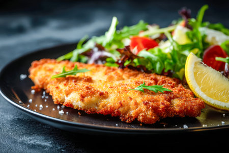 A perfectly cooked, crunchy fish fillet rests atop vibrant greens, accented by a zesty lemon wedge,...