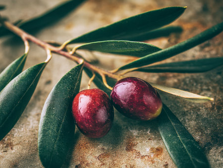 Vibrant purple olives nestled among lush green leaves cascade onto a rough stone backdrop, exuding authentic Mediterranean freshness and rustic charm.の写真素材