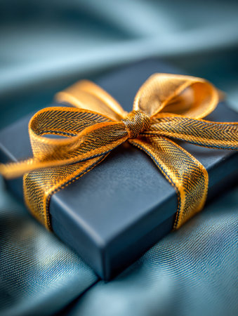 A lustrous black gift box accented with a richly textured gold ribbon knot rests upon smooth blue...