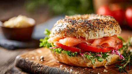 A vibrant, handcrafted sandwich featuring delicate smoked salmon, ripe tomato slices, and crisp greens nestled in a seeded bun, accompanied by fresh herbs and spicesの写真素材