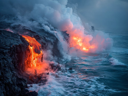 Fiery lava cascades into churning waters, releasing clouds of steam amidst rugged black cliffs and restless surf under a foggy twilight sky.の写真素材