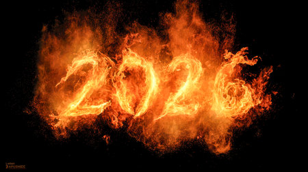 Vibrant orange and yellow flames sculpt the digits of 2026, radiating powerful energy and change against a shadowy backdrop, emblematic of renewal and progress.の写真素材