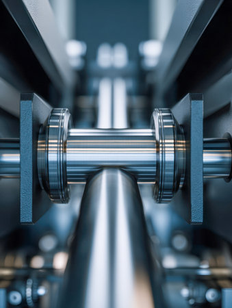 A highly detailed metal component featuring smooth, reflective surfaces supported by robust brackets, essential for reliable operation in heavy industrial equipment.の写真素材