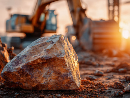 A massive, weathered boulder glows warmly in the fading sunset, surrounded by uneven soil, with construction equipment softly blurred behind, evoking strength and inの写真素材