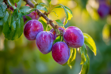 Vibrant purple plums cluster amid lush green leaves, basking in golden sunlight with a blurred garden backdrop, evoking freshness and summer's bounty.の写真素材