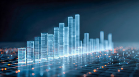 A sleek, luminous blue-hued transparent chart rising within a high-tech digital grid, evoking innovative data insights amidst ambient bokeh effects.の写真素材