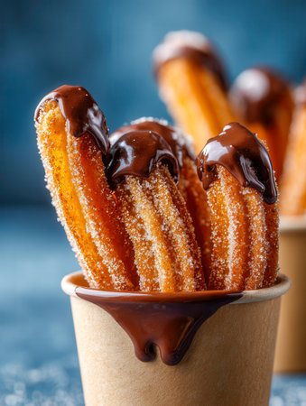 Golden, crunchy churros sprinkled with sugar and dipped in smooth melted chocolate, arranged in a cup paper against a soft blue blur, evoking irresistible sweetness.の写真素材