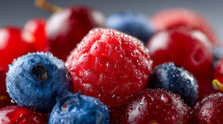 Juicy red raspberries and deep blue blueberries glisten with tiny droplets, evoking a cool, mouthwatering burst of summer freshness and vibrant flavor.の写真素材