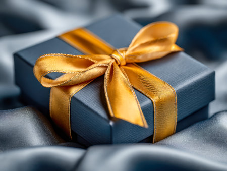 A refined dark navy box with a shimmering gold bow, set on smooth satin material, perfect for upscale gifts and memorable moments.の写真素材