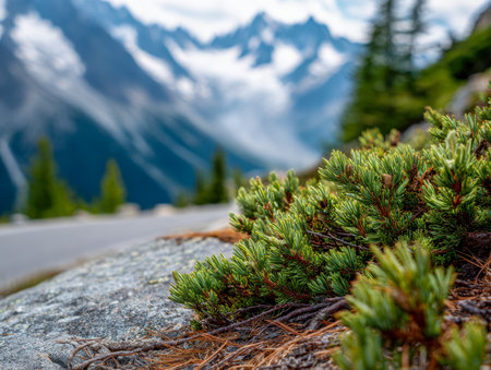 Vibrant green shrubbery clings to rugged rocks, with a distant mountain vista and lush forest blurred in the background beneath a patchy sky.の写真素材