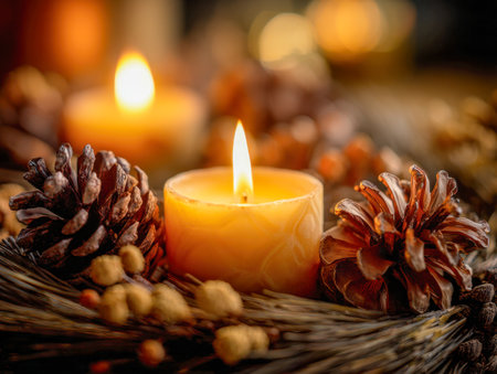 A softly lit candle radiates warmth amid clusters of pine cones and earthy accents, evoking a soothing, rustic fall atmosphere illuminated by gentle background glimmの写真素材