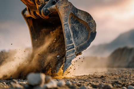 A rugged excavator with a large bucket actively shifts earth across a dusty terrain, set against a scenic mountain backdrop, capturing heavy-duty work in progress.の写真素材