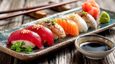 An inviting assortment of handcrafted nigiri, featuring vibrant fish atop vinegared rice, accompanied by a dipping bowl of soy sauce on a textured wooden surface forの写真素材