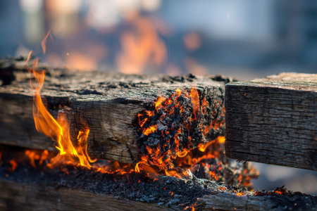 Vibrant flames surge across aged timber, revealing rugged charred surfaces and flickering embers that hint at the destructive power of fire.の写真素材