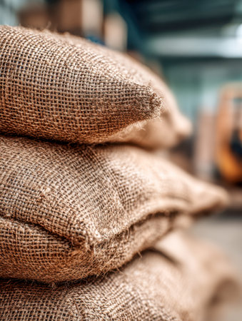 Rows of rugged burlap bundles brimming with fresh harvests display textured craftsmanship and organized storage, evoking a pastoral charm in an industrial space.の写真素材